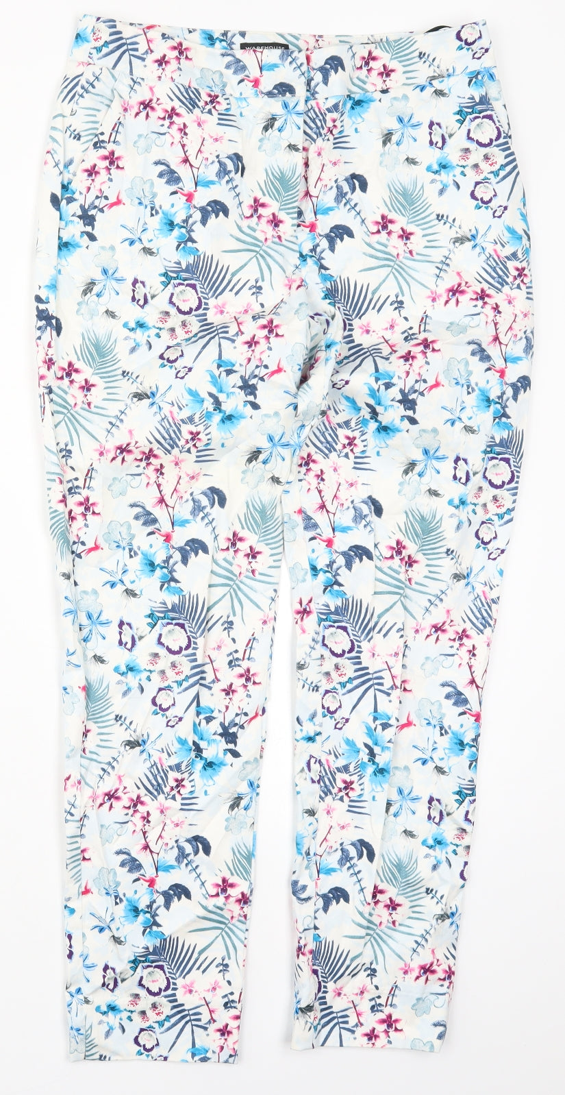 Warehouse Womens Multicoloured Floral Cotton Trousers  Size 10 L26.5 in Regular Hook & Eye