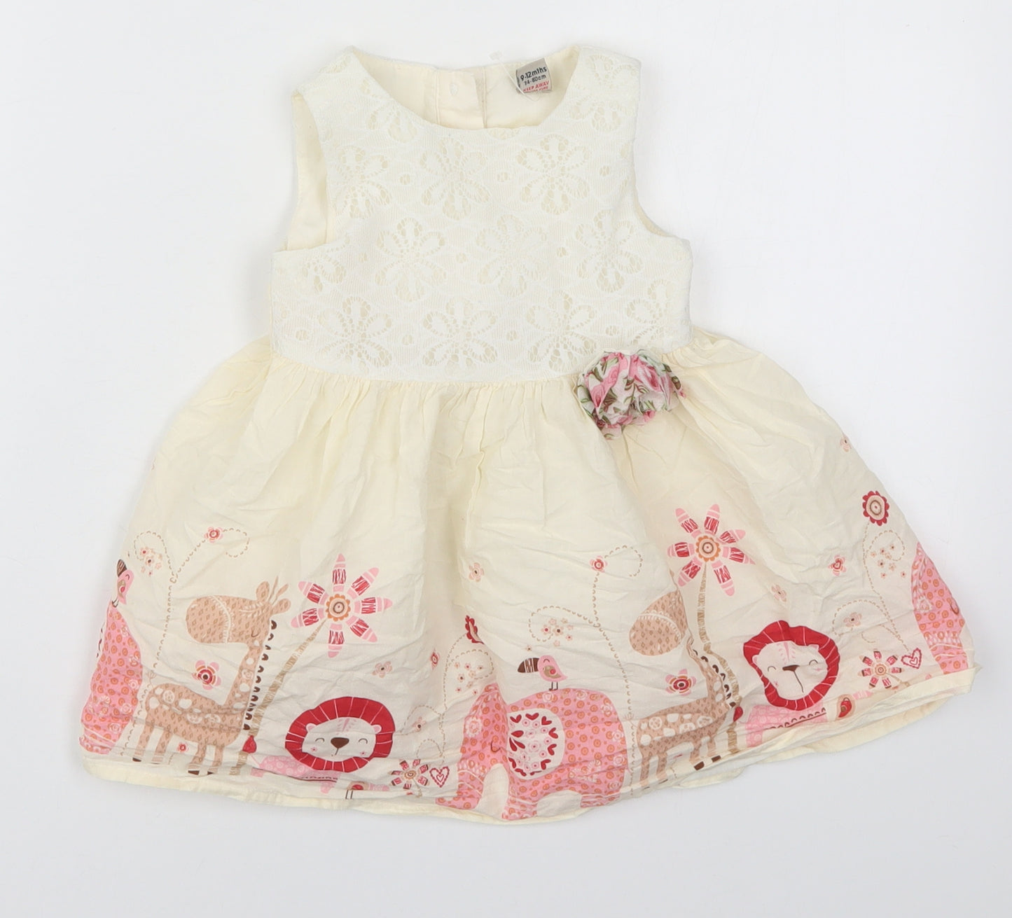 TU Girls Beige  Cotton Skater Dress  Size 9-12 Months  Round Neck Button - Animals