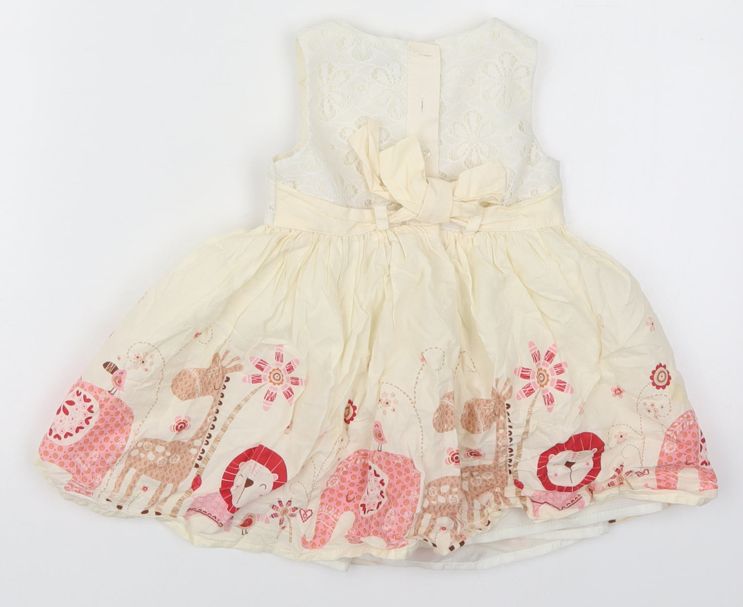 TU Girls Beige  Cotton Skater Dress  Size 9-12 Months  Round Neck Button - Animals