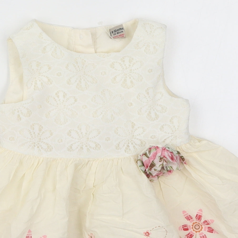 TU Girls Beige  Cotton Skater Dress  Size 9-12 Months  Round Neck Button - Animals