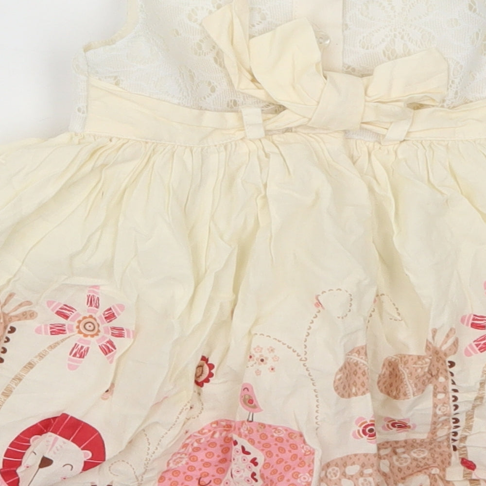 TU Girls Beige  Cotton Skater Dress  Size 9-12 Months  Round Neck Button - Animals