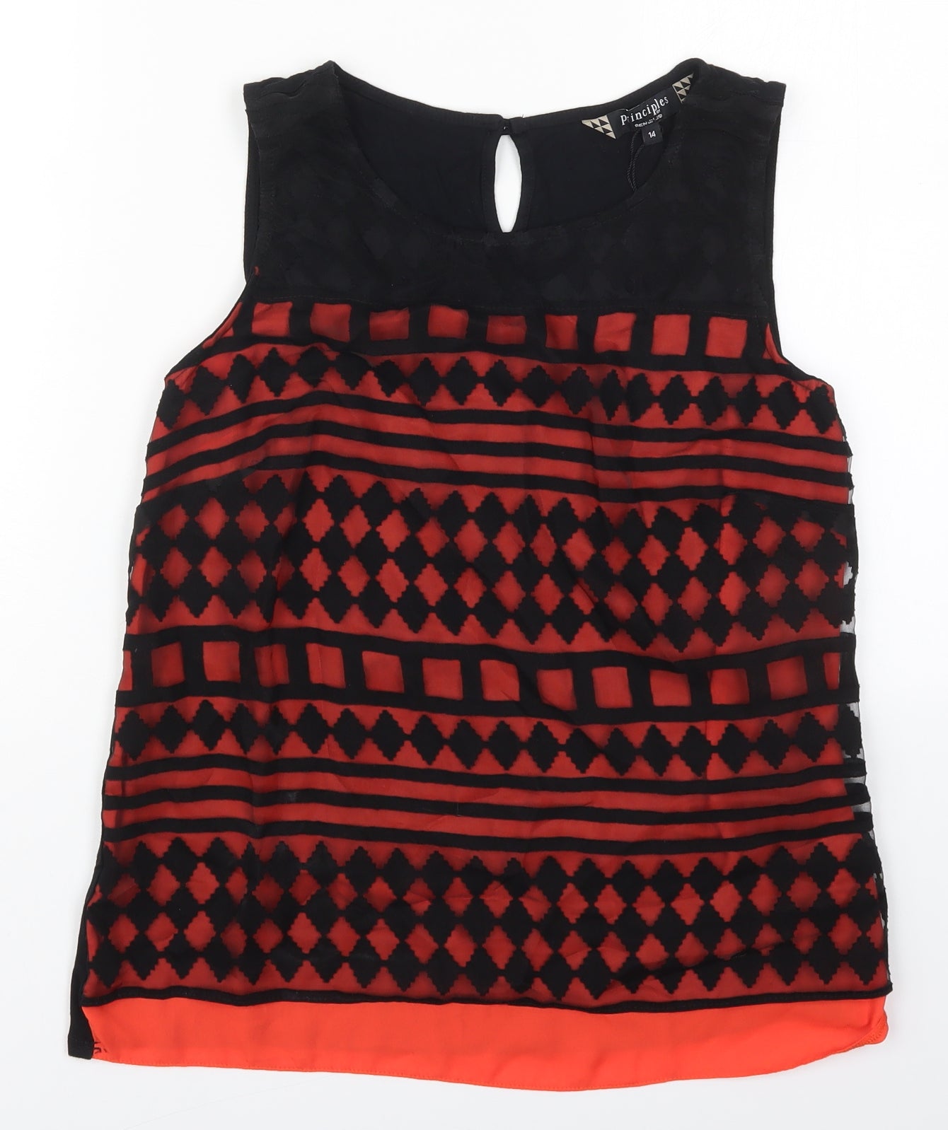 Principles Womens Red Geometric Viscose Basic Tank Size 14 Round Neck