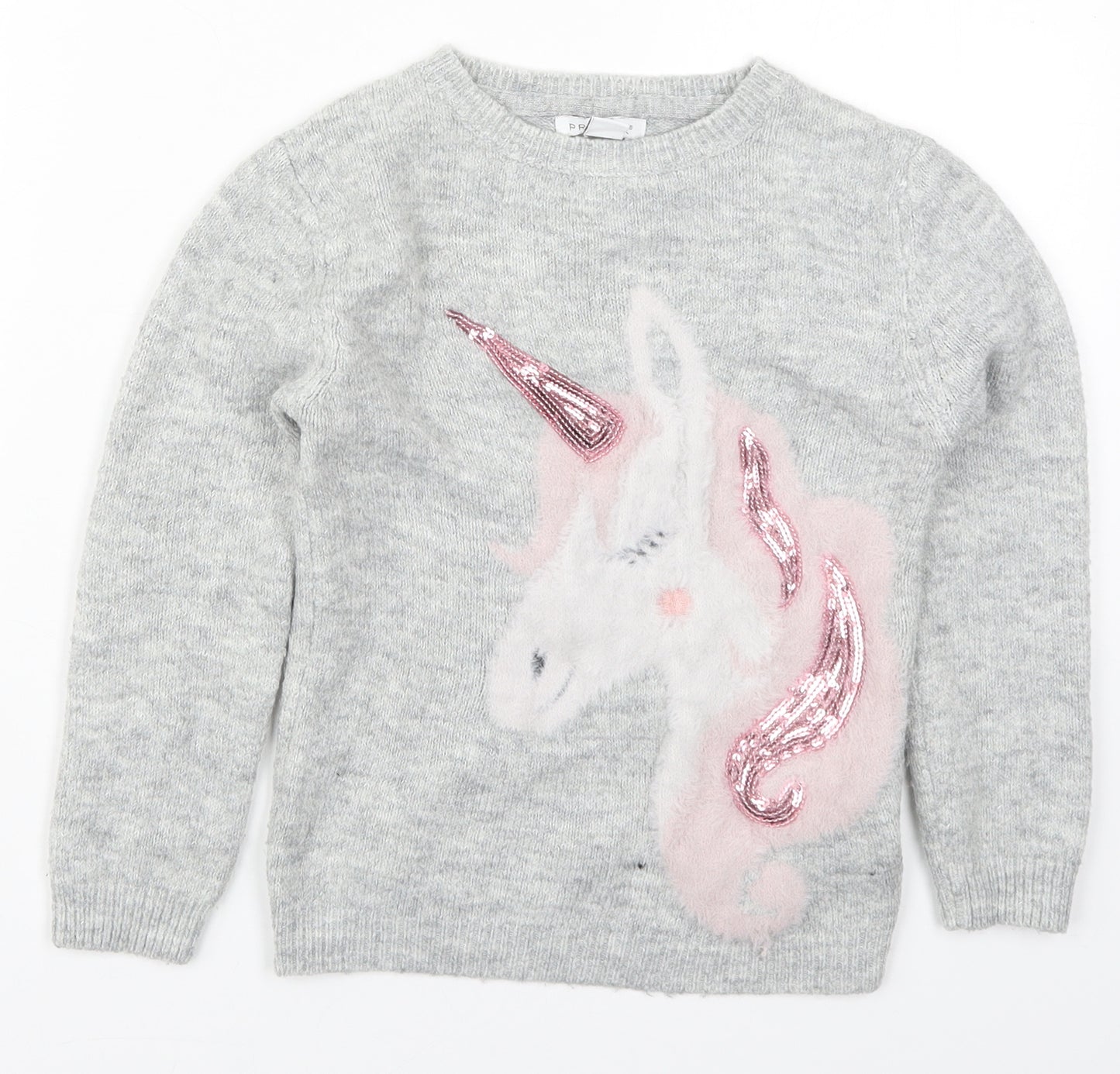 Primark Girls Grey Round Neck  Acrylic Pullover Jumper Size 6-7 Years  Pullover - Unicorns