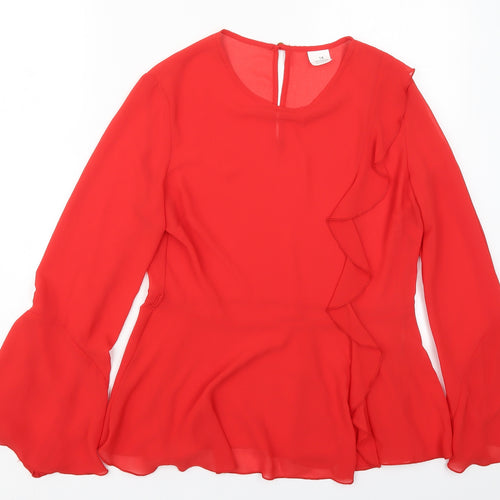 Preworn Womens Red  Polyester Basic Blouse Size 14 Round Neck