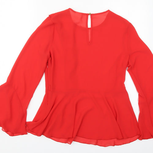 Preworn Womens Red  Polyester Basic Blouse Size 14 Round Neck
