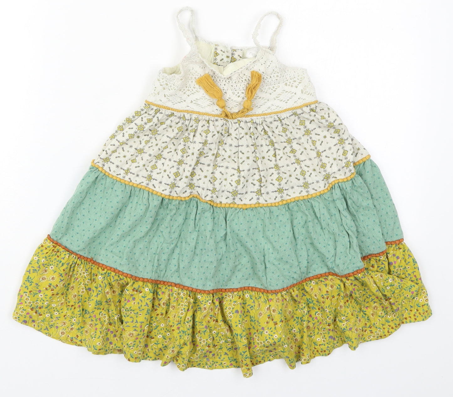 NEXT Girls Green Floral Cotton Trapeze & Swing  Size 18-24 Months  Round Neck Button