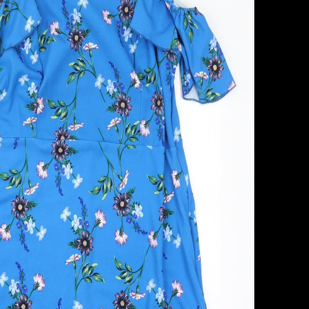 Envy Womens Blue Floral Polyester Bodycon  Size 18  Off the Shoulder Pullover