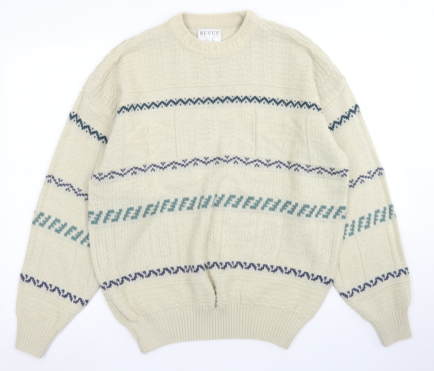Revue Mens Beige Crew Neck Striped Acrylic Pullover Jumper Size XL