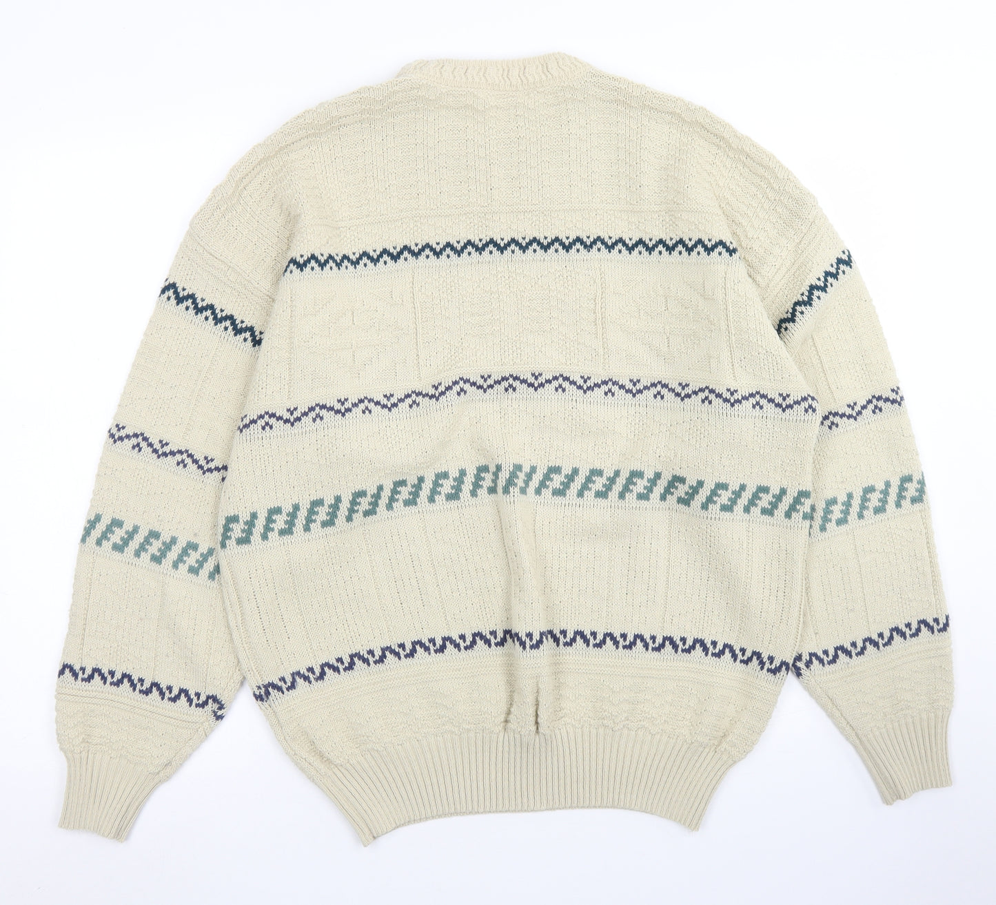 Revue Mens Beige Crew Neck Striped Acrylic Pullover Jumper Size XL