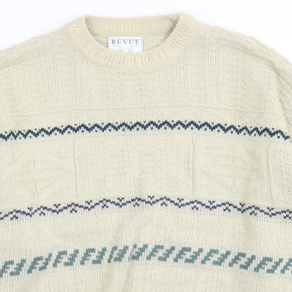 Revue Mens Beige Crew Neck Striped Acrylic Pullover Jumper Size XL