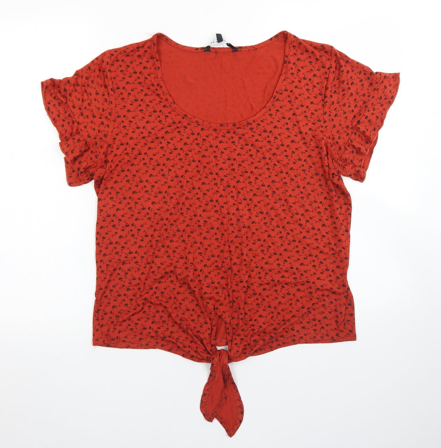 Peacocks Womens Red Floral Viscose Basic T-Shirt Size 16 Round Neck - Tie Front, Ruffle Sleeve