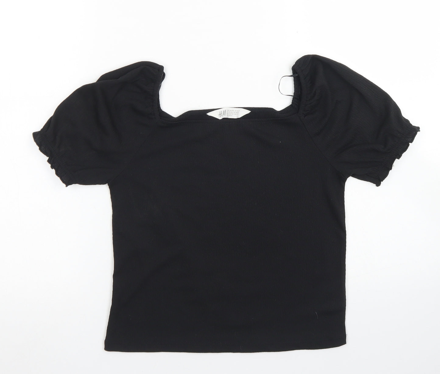 H&M Girls Black  Polyester Basic T-Shirt Size 10-11 Years Square Neck  - Puff Sleeve