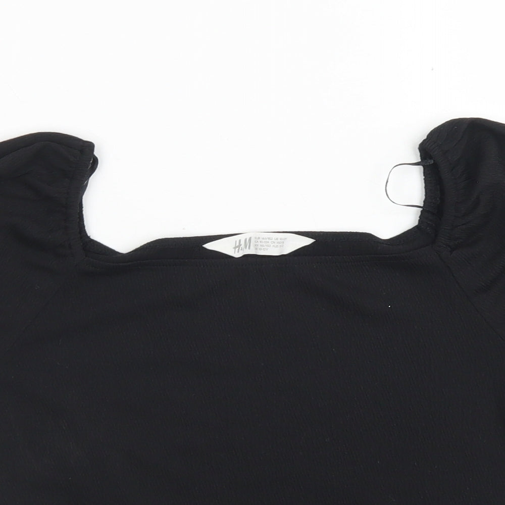 H&M Girls Black  Polyester Basic T-Shirt Size 10-11 Years Square Neck  - Puff Sleeve
