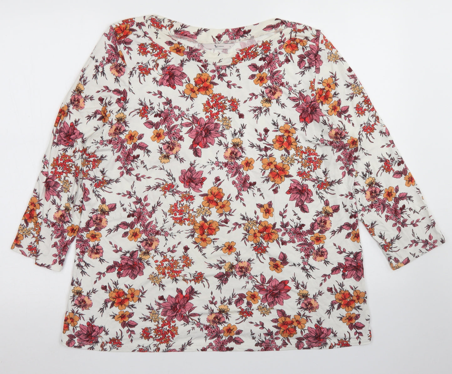 TU Womens White Floral Viscose Basic T-Shirt Size 18 Boat Neck