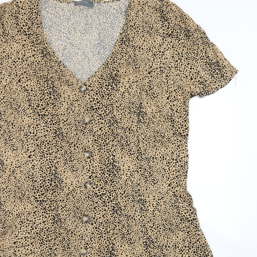 Papaya Womens Brown Animal Print Viscose Fit & Flare  Size 18  V-Neck Button