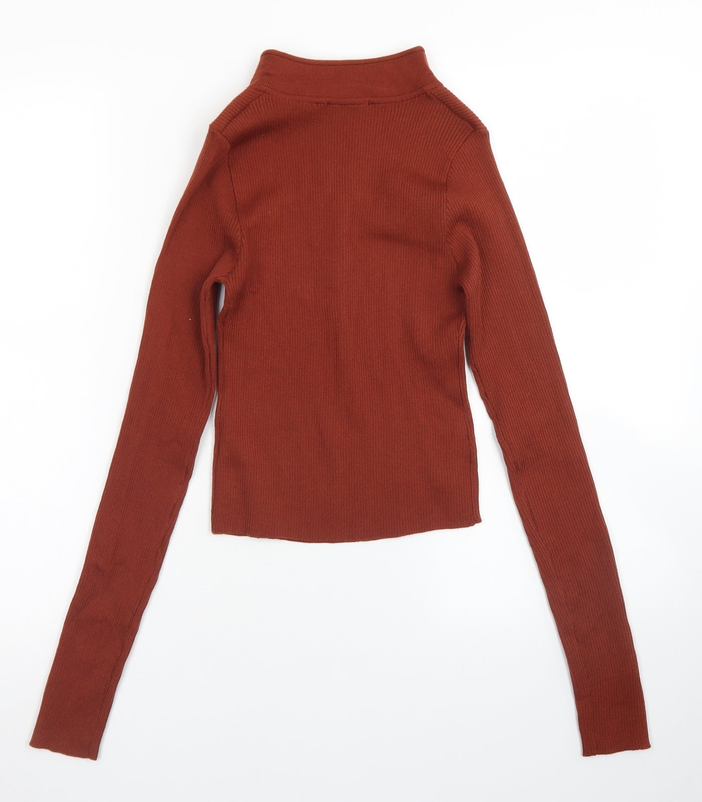 PRETTYLITTLETHING Womens Brown  Viscose Basic T-Shirt Size S Mock Neck - Cropped