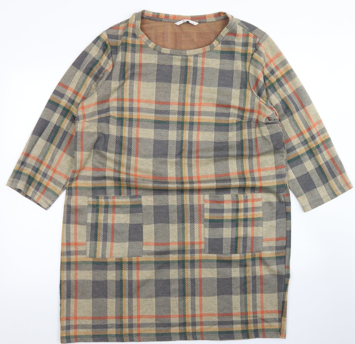 TU Womens Brown Plaid Polyester A-Line  Size 18  Round Neck