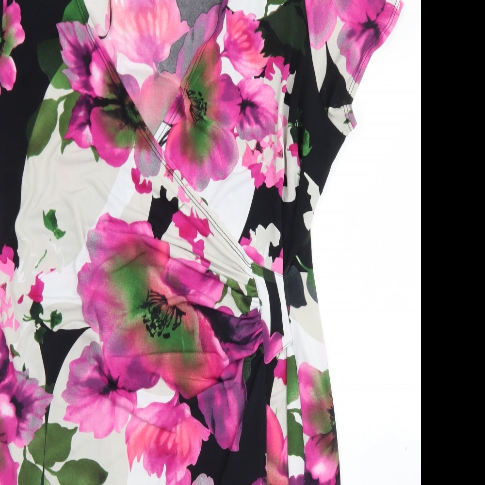 M&Co Womens Black Floral Polyester Sheath  Size 18  V-Neck