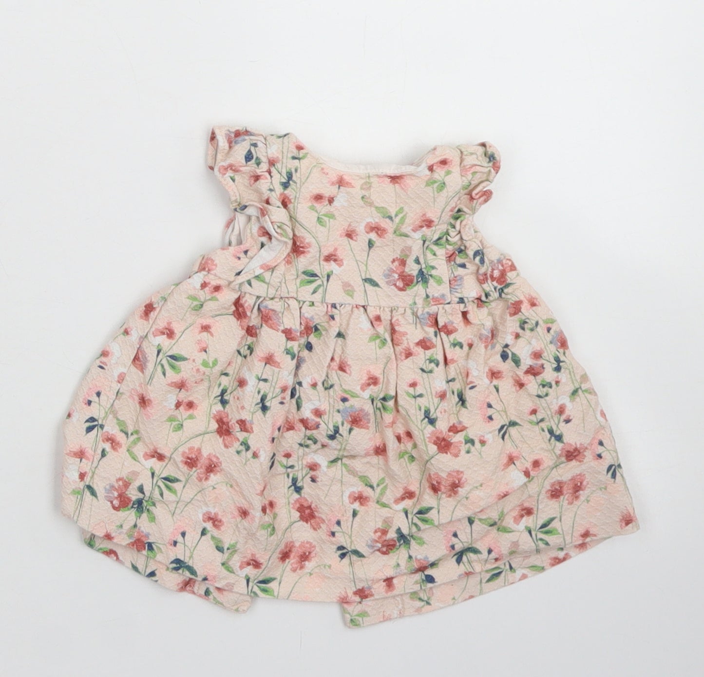 Zara Girls Pink Floral Cotton Fit & Flare  Size 0-3 Months  Round Neck Button