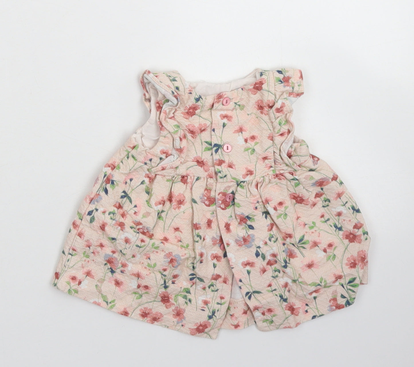 Zara Girls Pink Floral Cotton Fit & Flare  Size 0-3 Months  Round Neck Button