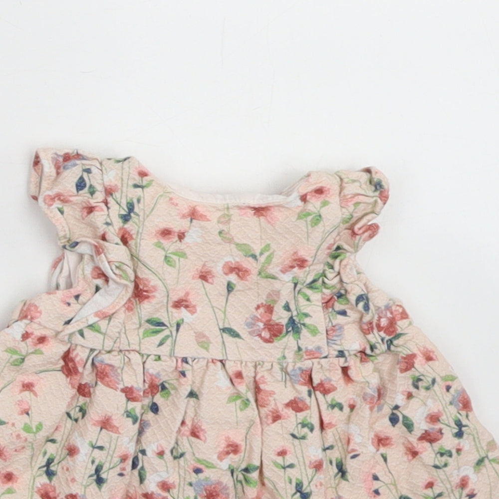 Zara Girls Pink Floral Cotton Fit & Flare  Size 0-3 Months  Round Neck Button