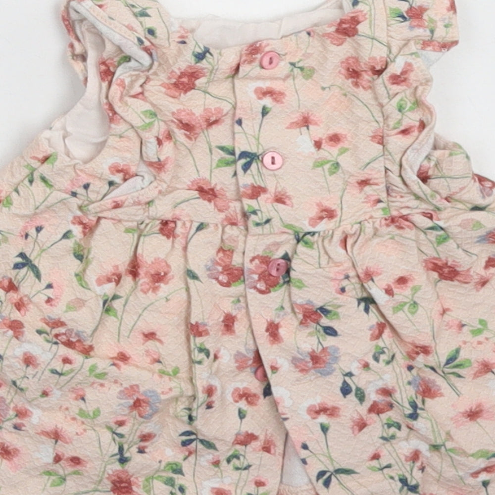 Zara Girls Pink Floral Cotton Fit & Flare  Size 0-3 Months  Round Neck Button