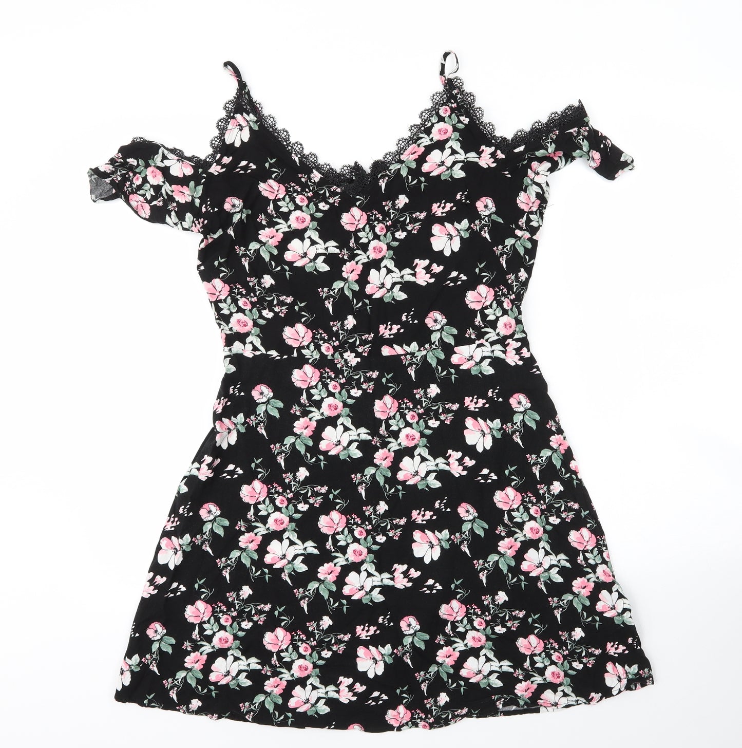 Primark Womens Black Floral Viscose A-Line  Size 14  V-Neck Zip