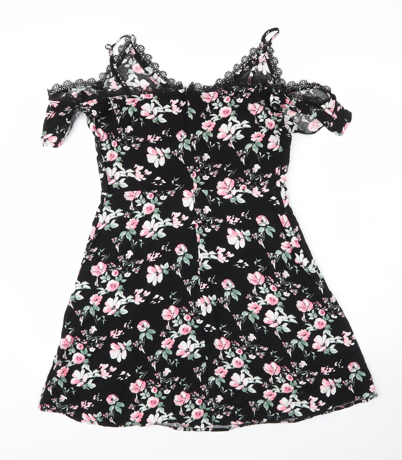 Primark Womens Black Floral Viscose A-Line  Size 14  V-Neck Zip