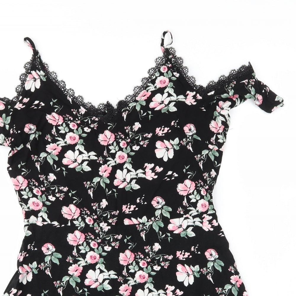 Primark Womens Black Floral Viscose A-Line  Size 14  V-Neck Zip