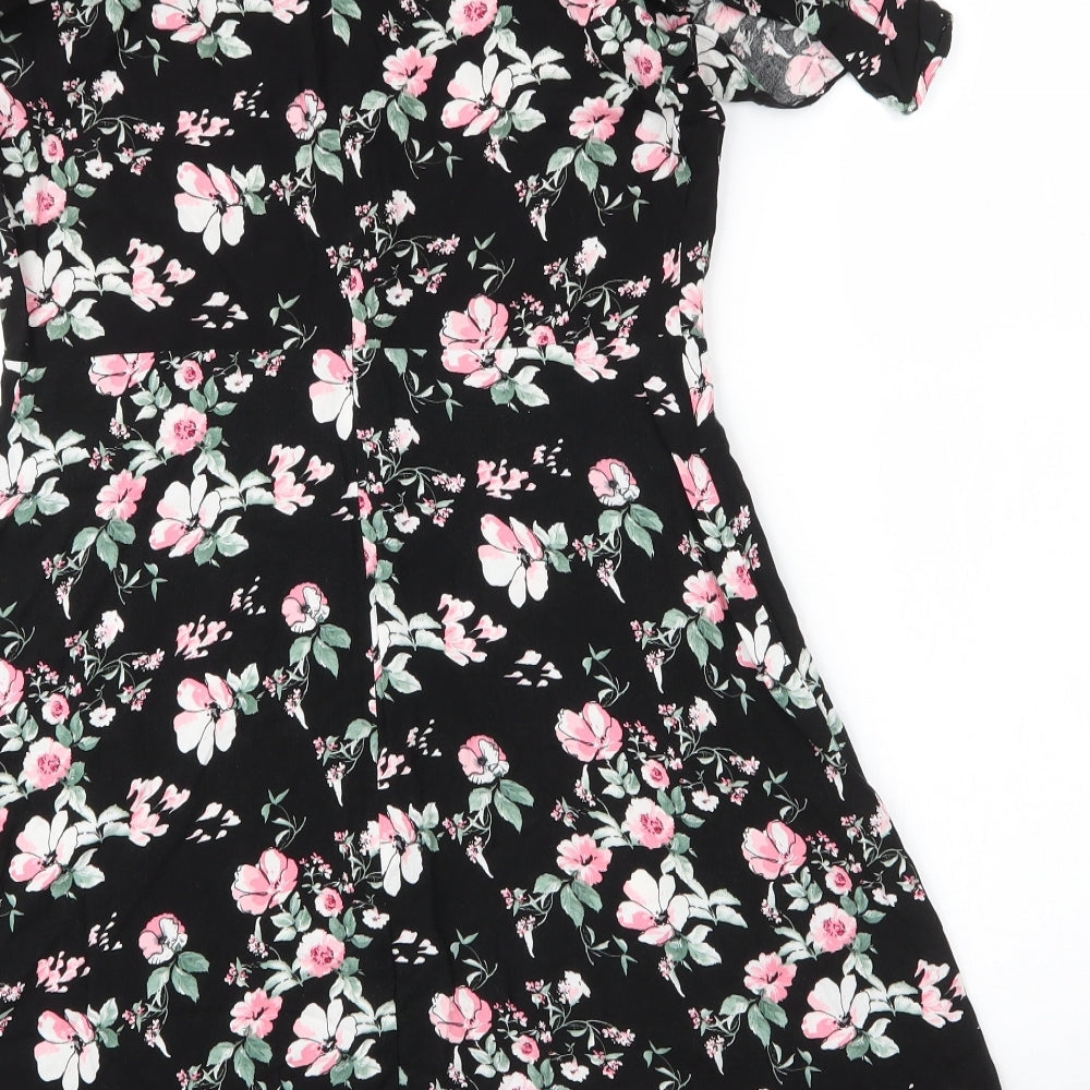 Primark Womens Black Floral Viscose A-Line  Size 14  V-Neck Zip