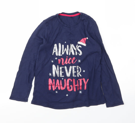 Front view of George girls’ blue cotton basic t-shirt, size 8, years round neck - christmas
