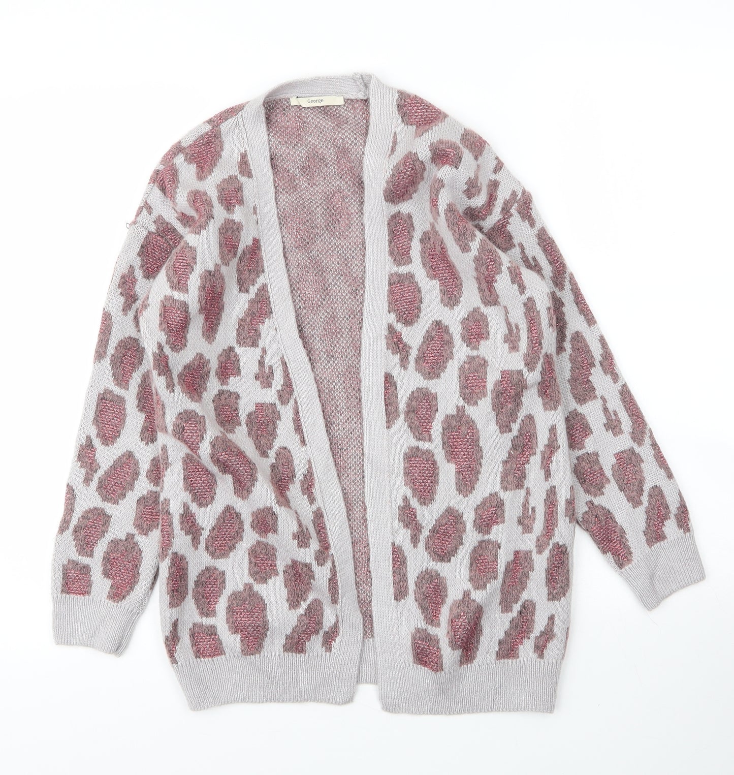George Girls Grey V-Neck Animal Print Acrylic Cardigan Jumper Size 10 Years   - Leopard print