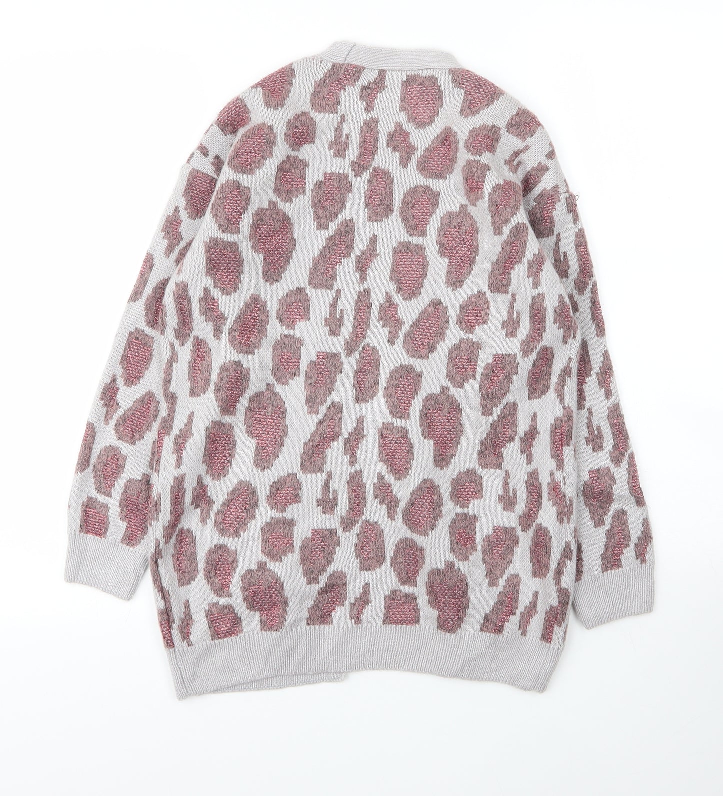 George Girls Grey V-Neck Animal Print Acrylic Cardigan Jumper Size 10 Years   - Leopard print