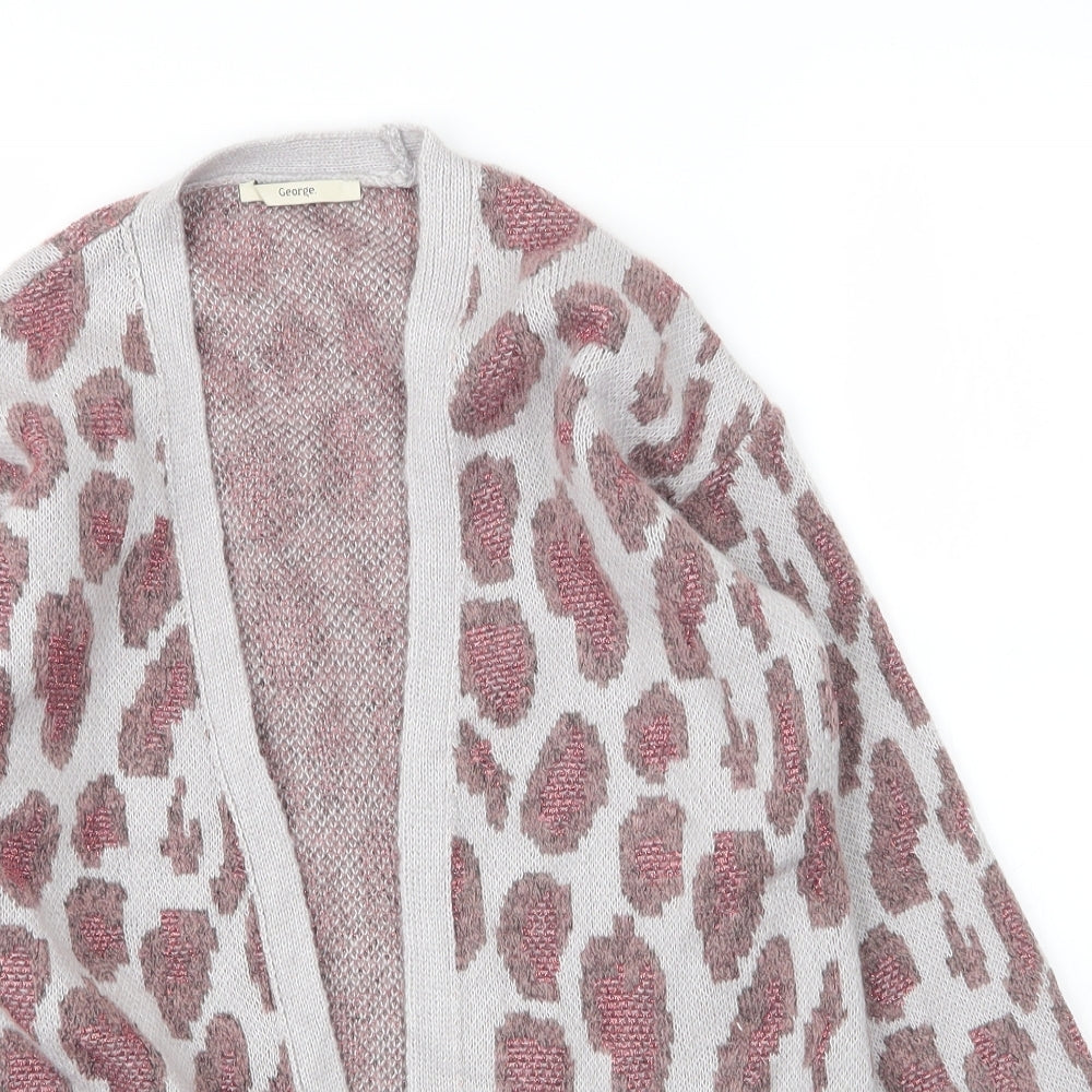 George Girls Grey V-Neck Animal Print Acrylic Cardigan Jumper Size 10 Years   - Leopard print
