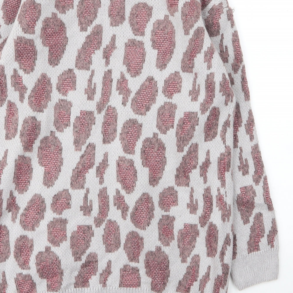 George Girls Grey V-Neck Animal Print Acrylic Cardigan Jumper Size 10 Years   - Leopard print