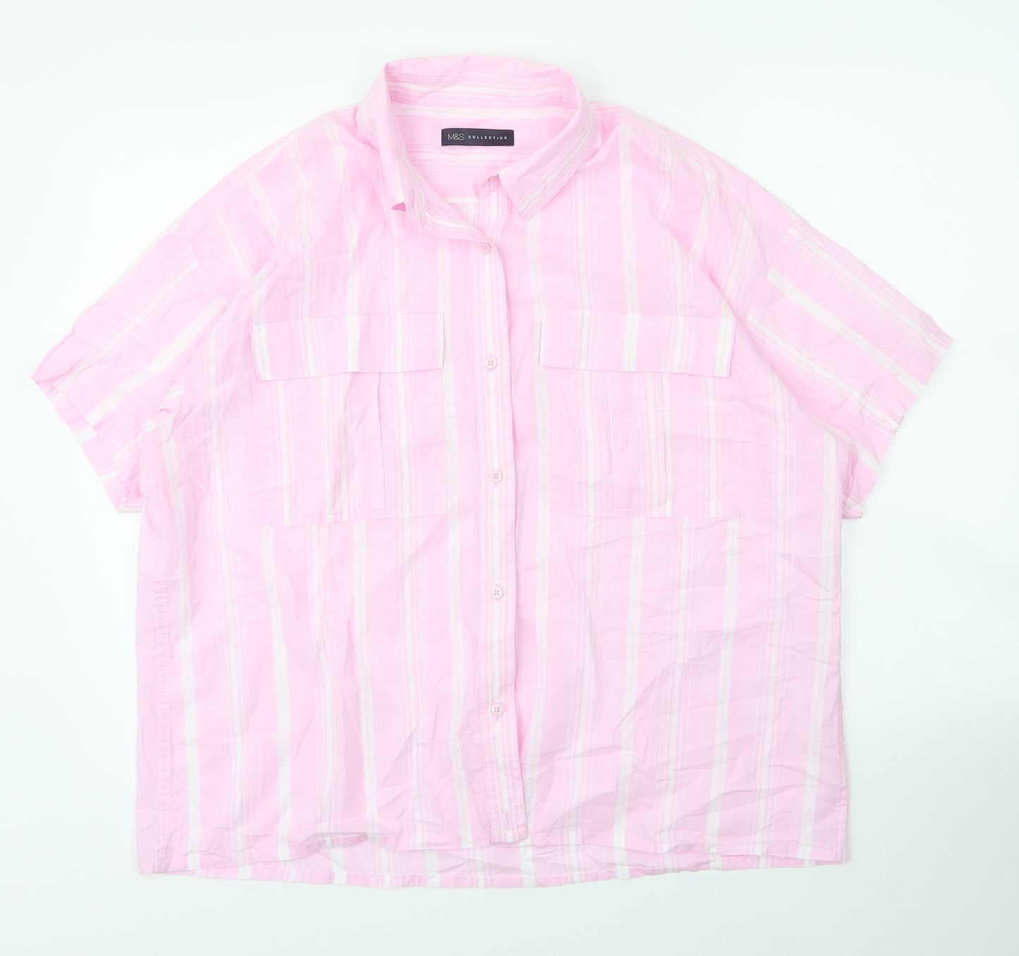 M&S Womens Pink Striped Cotton Basic Blouse Size L Collared