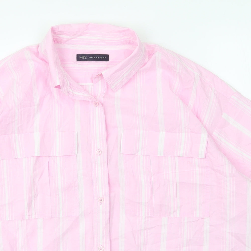 M&S Womens Pink Striped Cotton Basic Blouse Size L Collared