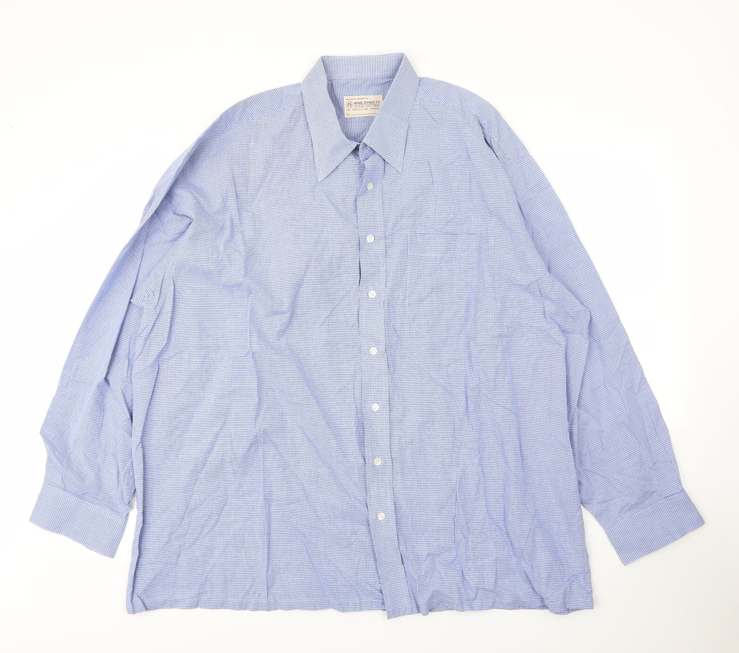 Ming Dynasty Mens Blue Check Cotton  Button-Up Size XL Collared Button