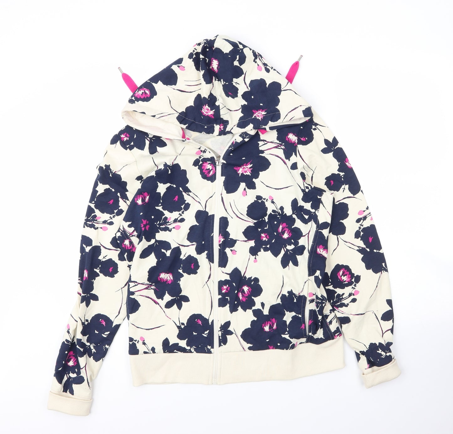 M&S Womens Beige Floral Cotton Full Zip Hoodie Size 14  Zip