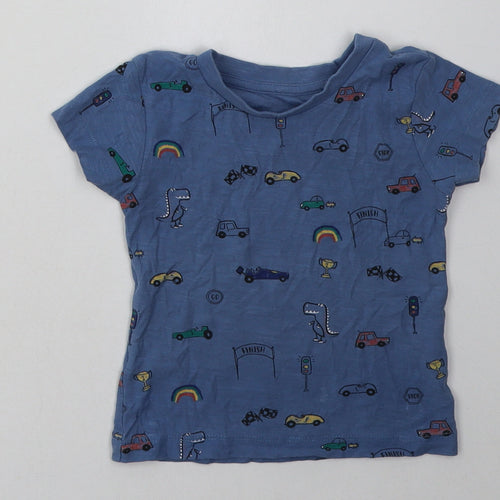 Matalan Boys Blue Geometric Cotton Basic T-Shirt Size 12-18 Months Crew Neck Pullover - Cars