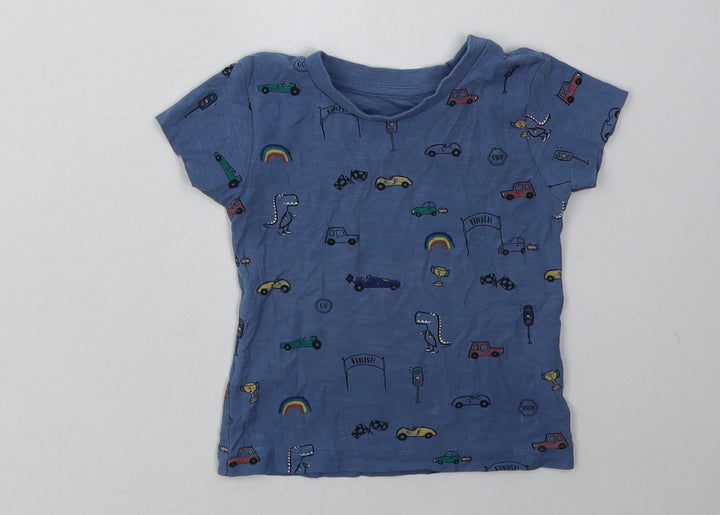 Matalan Boys Blue Geometric Cotton Basic T-Shirt Size 12-18 Months Crew Neck Pullover - Cars