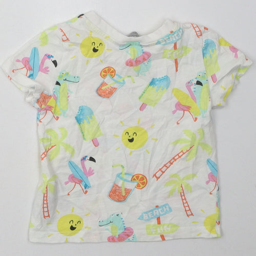 Primark Girls White Geometric Cotton Basic T-Shirt Size 18-24 Months Crew Neck Pullover - beach print