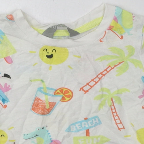 Primark Girls White Geometric Cotton Basic T-Shirt Size 18-24 Months Crew Neck Pullover - beach print