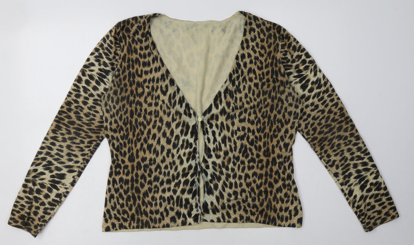 Preworn Womens Brown V-Neck Animal Print Cotton Cardigan Jumper Size 12
