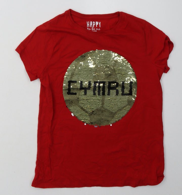 F&F Girls Red  Cotton Basic T-Shirt Size 10-11 Years Crew Neck Pullover - football wales