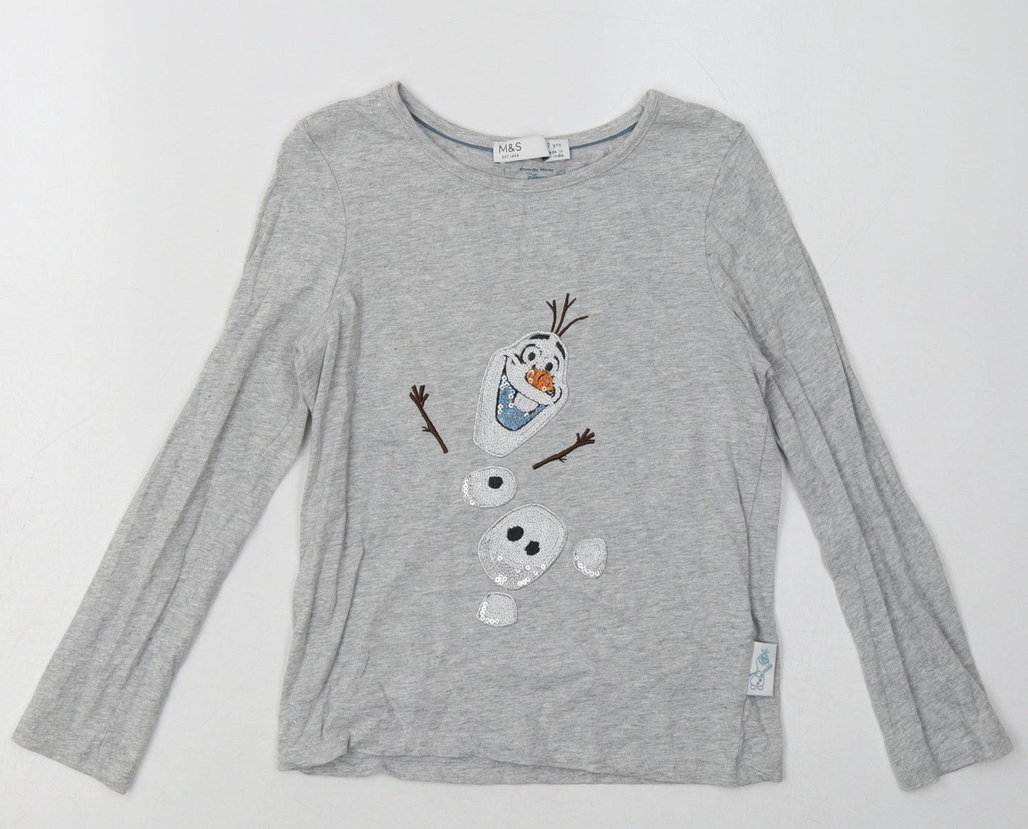 Marks and Spencer Girls Grey  Cotton Basic Casual Size 6-7 Years Crew Neck Pullover - olaf