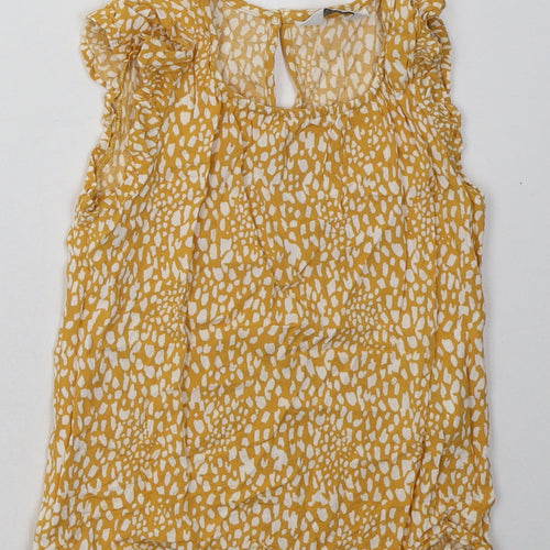 Primark Girls Yellow Animal Print Viscose Basic T-Shirt Size 7-8 Years Crew Neck Button - frill arms