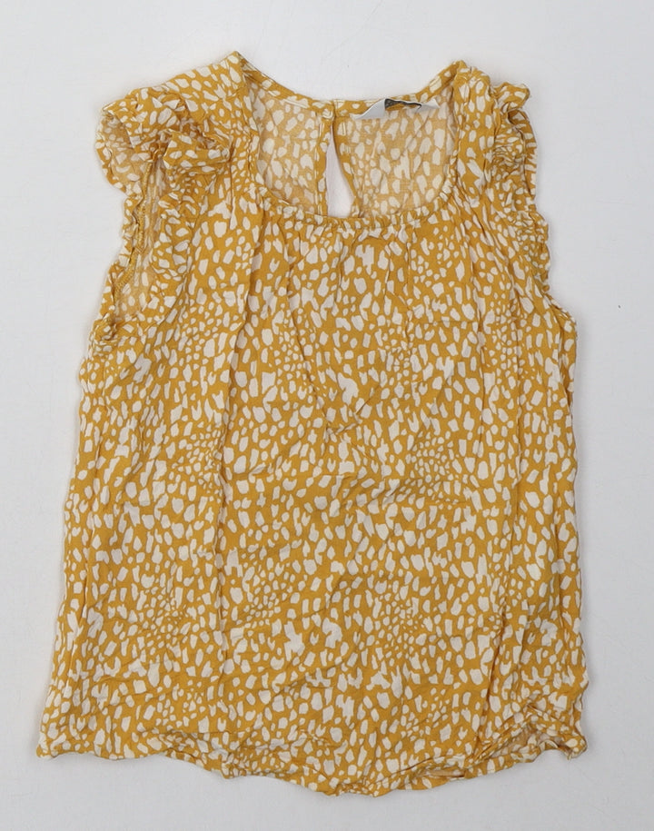 Primark Girls Yellow Animal Print Viscose Basic T-Shirt Size 7-8 Years Crew Neck Button - frill arms
