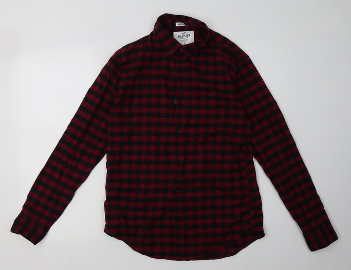 Hollister Mens Red Check Cotton Polo Size S Collared Button - muscle fit