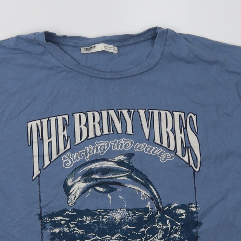 Pull&Bear Mens Blue  Cotton  T-Shirt Size M Crew Neck  - ocean breeze